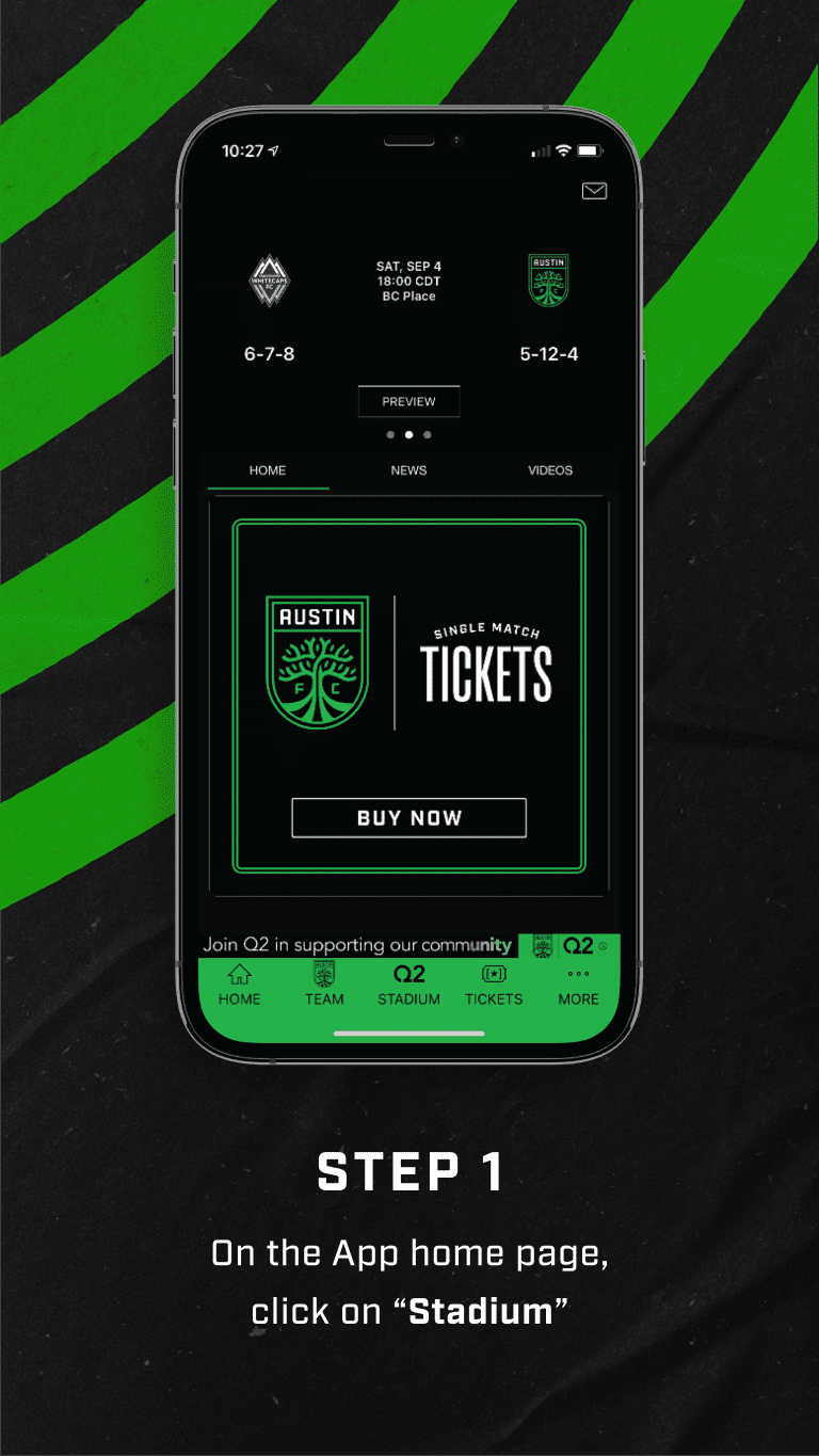 Step 1 - On the app homepage, click on 'Stadium'