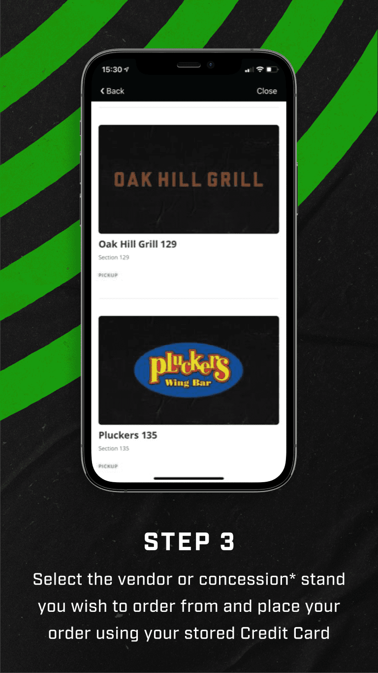 Step 3 - Select the vendor or concession* stand you wish to order from and place your order using your stored credit card